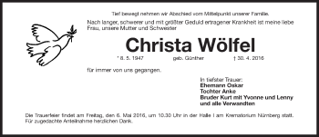 Traueranzeige von Christa Wölfel von Gesamtausgabe Nürnberger Nachrichten/ Nürnberger Ztg.