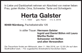 Traueranzeige von Herta Galster von Gesamtausgabe Nürnberger Nachrichten/ Nürnberger Ztg.