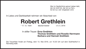 Traueranzeige von Robert Grethlein von Gesamtausgabe Nürnberger Nachrichten/ Nürnberger Ztg.