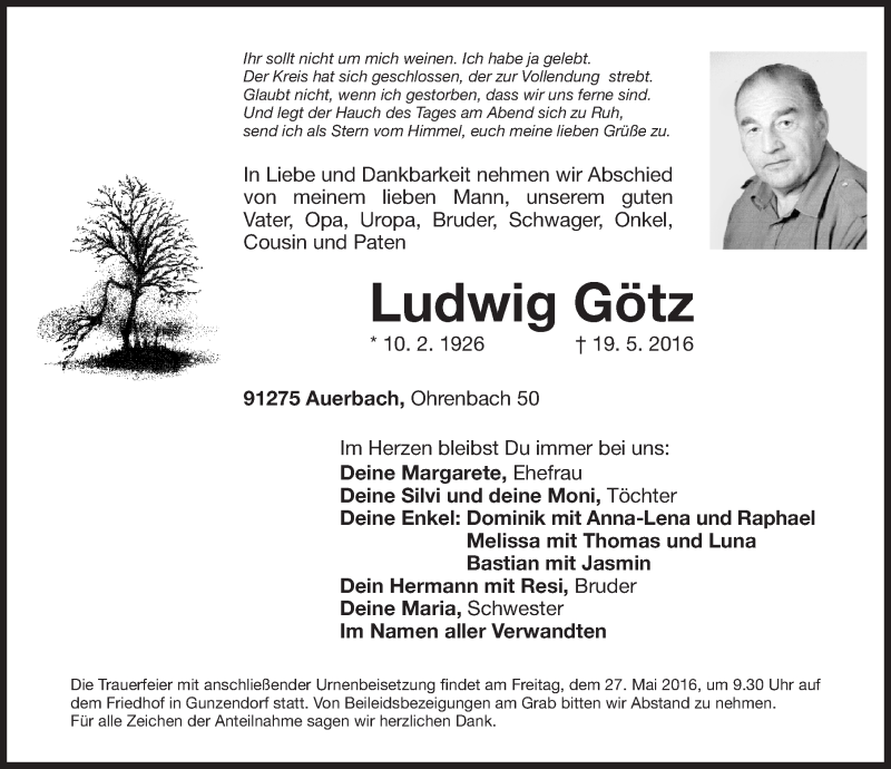 Traueranzeige für Ludwig Götz vom 25.05.2016 aus Nordbayerische Nachrichten Pegnitz Lokal