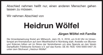 Traueranzeige von Heidrun Wölfel von Gesamtausgabe Nürnberger Nachrichten/ Nürnberger Ztg.