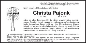 Traueranzeige von Christa Pajonk von Gesamtausgabe Nürnberger Nachrichten/ Nürnberger Ztg.