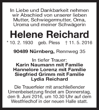 Traueranzeige von Helene Reichard von Gesamtausgabe Nürnberger Nachrichten/ Nürnberger Ztg.