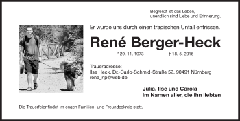 Traueranzeige von René Berger-Heck von Gesamtausgabe Nürnberger Nachrichten/ Nürnberger Ztg.