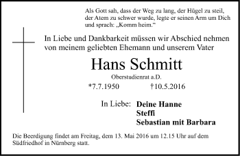 Traueranzeige von Hans Schmitt von Gesamtausgabe Nürnberger Nachrichten/ Nürnberger Ztg.