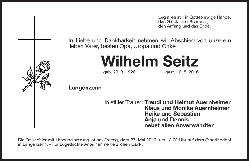  Traueranzeige für Wilhelm Seitz vom 25.05.2016 aus Fürther Nachrichten Lokal