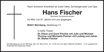 Traueranzeige von Hans Fischer von Gesamtausgabe Nürnberger Nachrichten/ Nürnberger Ztg.