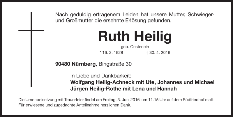  Traueranzeige für Ruth Heilig vom 07.05.2016 aus Gesamtausgabe Nürnberger Nachrichten/ Nürnberger Ztg.