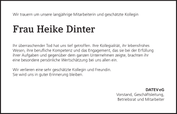 Traueranzeige von Heike Dinter von Gesamtausgabe Nürnberger Nachrichten/ Nürnberger Ztg.