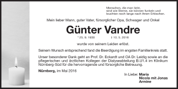 Traueranzeige von Günter Vandre von Gesamtausgabe Nürnberger Nachrichten/ Nürnberger Ztg.