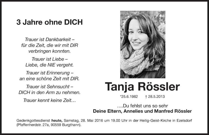  Traueranzeige für Tanja Rössler vom 28.05.2016 aus Neumarkter Nachrichten Lokal