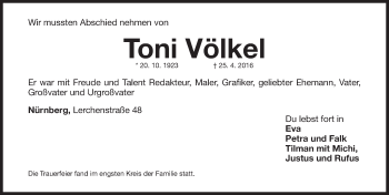 Traueranzeige von Toni Völkel von Gesamtausgabe Nürnberger Nachrichten/ Nürnberger Ztg.