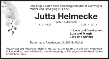 Traueranzeige von Jutta Helmecke von Gesamtausgabe Nürnberger Nachrichten/ Nürnberger Ztg.