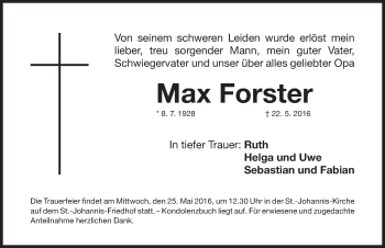 Traueranzeige von Max Forster von Gesamtausgabe Nürnberger Nachrichten/ Nürnberger Ztg.
