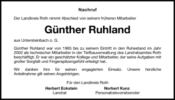 Traueranzeige von Günther Ruhland von Schwabach
