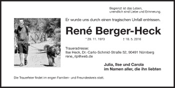 Traueranzeige von René Berger-Heck von Gesamtausgabe Nürnberger Nachrichten/ Nürnberger Ztg.