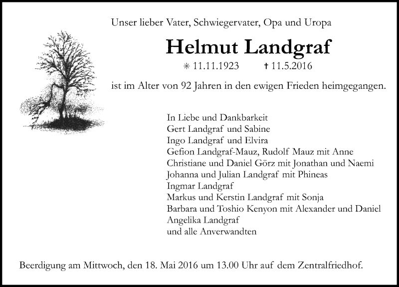  Traueranzeige für Helmut Landgraf vom 13.05.2016 aus Erlanger Nachrichten Lokal