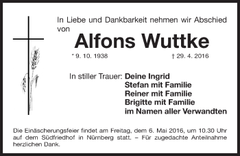 Traueranzeige von Alfons Wuttke von Gesamtausgabe Nürnberger Nachrichten/ Nürnberger Ztg.