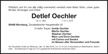 Traueranzeige von Detlef Oechler von Gesamtausgabe Nürnberger Nachrichten/ Nürnberger Ztg.
