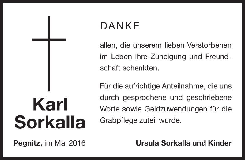  Traueranzeige für Karl Sorkalla vom 21.05.2016 aus Nordbayerische Nachrichten Pegnitz Lokal