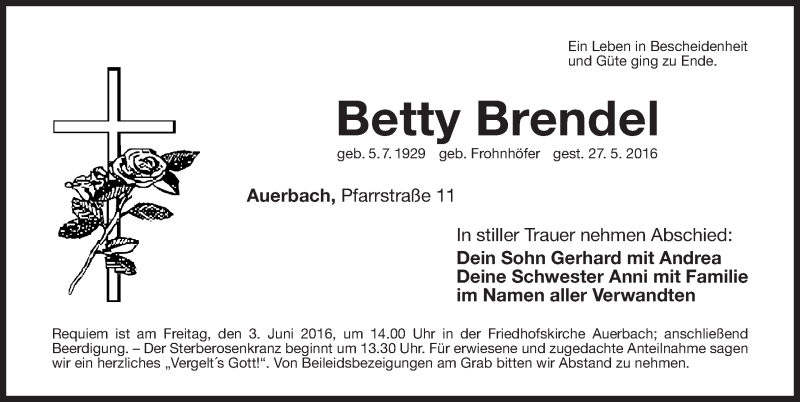  Traueranzeige für Betty Brendel vom 01.06.2016 aus Nordbayerische Nachrichten Pegnitz Lokal