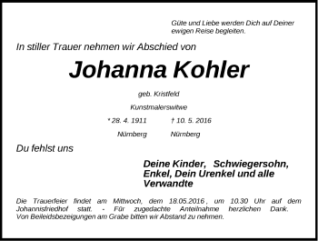 Traueranzeige von Johanna Kohler von Gesamtausgabe Nürnberger Nachrichten/ Nürnberger Ztg.