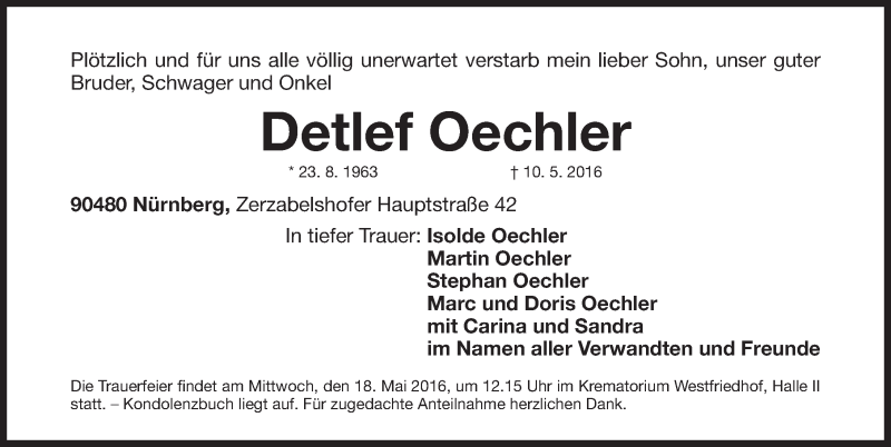  Traueranzeige für Detlef Oechler vom 14.05.2016 aus Gesamtausgabe Nürnberger Nachrichten/ Nürnberger Ztg.