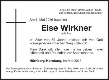 Traueranzeige von Else Wirkner von Gesamtausgabe Nürnberger Nachrichten/ Nürnberger Ztg.