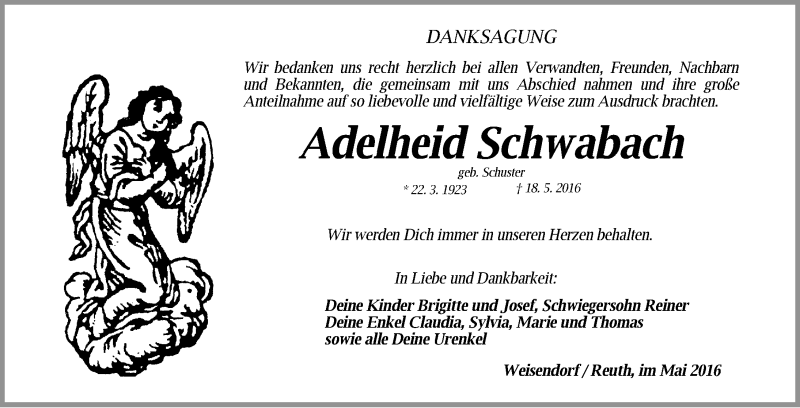  Traueranzeige für Adelheid Schwabach vom 28.05.2016 aus Nordbayerische Nachrichten Herzogenaurach Lokal