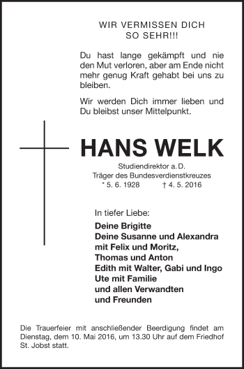 Traueranzeige von Hans Welk von Gesamtausgabe Nürnberger Nachrichten/ Nürnberger Ztg.