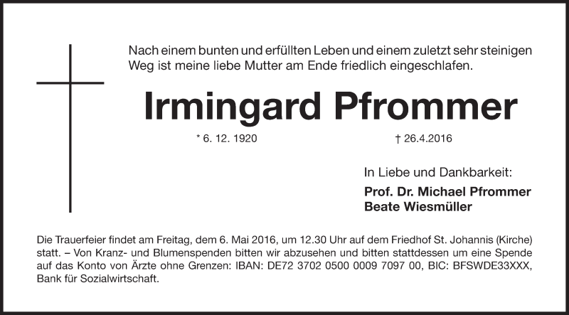  Traueranzeige für Irmingard Pfrommer vom 04.05.2016 aus Gesamtausgabe Nürnberger Nachrichten/ Nürnberger Ztg.