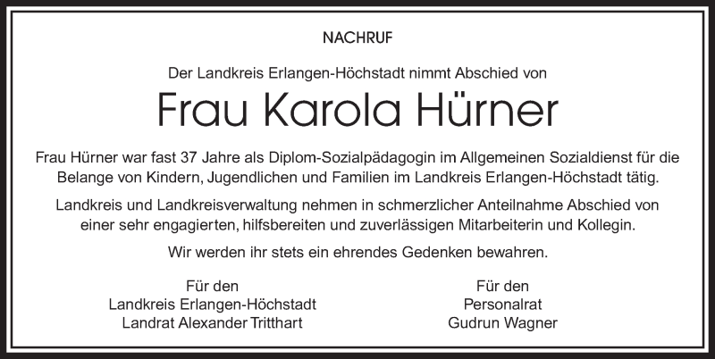  Traueranzeige für Karola Hürner vom 30.05.2016 aus Erlanger Nachrichten Lokal