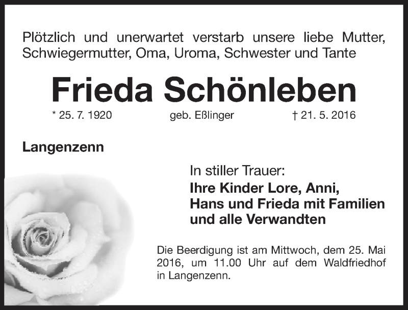  Traueranzeige für Frieda Schönleben vom 23.05.2016 aus Fürther Nachrichten Lokal