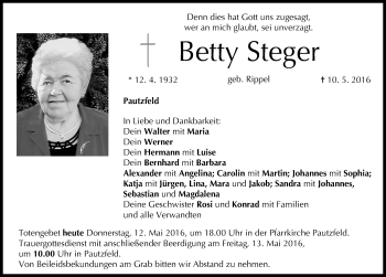 Traueranzeigen von Betty Steger | trauer.nn.de