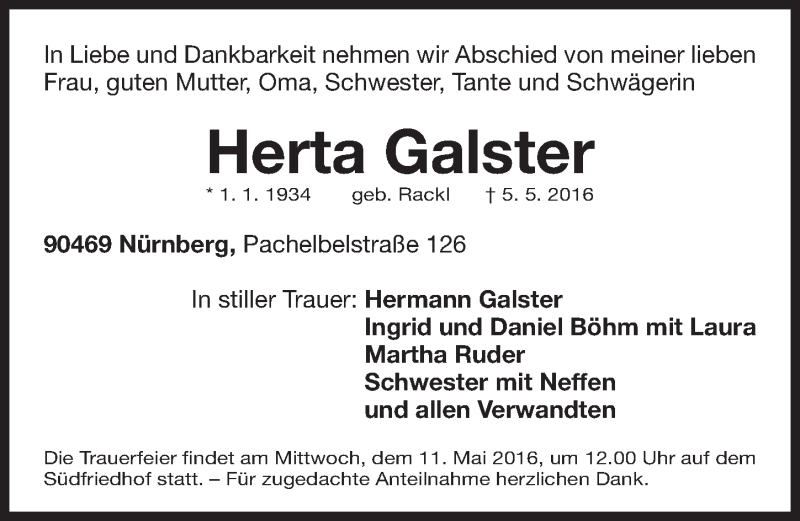  Traueranzeige für Herta Galster vom 09.05.2016 aus Gesamtausgabe Nürnberger Nachrichten/ Nürnberger Ztg.