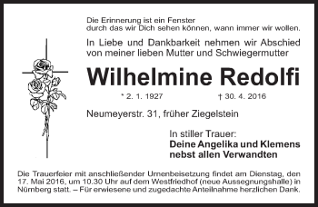 Traueranzeige von Wilhelmine Redolfi von Gesamtausgabe Nürnberger Nachrichten/ Nürnberger Ztg.