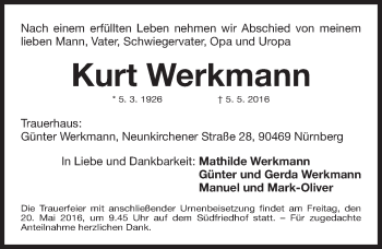 Traueranzeige von Kurt Werkmann von Gesamtausgabe Nürnberger Nachrichten/ Nürnberger Ztg.