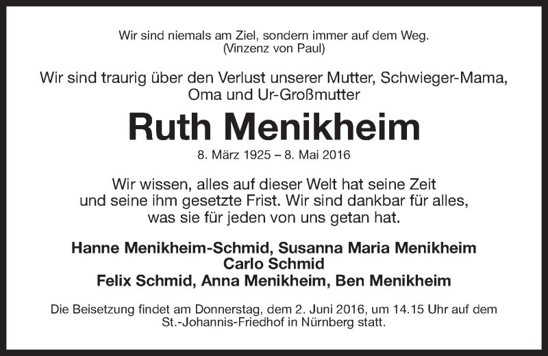  Traueranzeige für Ruth Menikheim vom 28.05.2016 aus Gesamtausgabe Nürnberger Nachrichten/ Nürnberger Ztg.