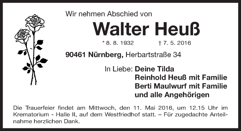  Traueranzeige für Walter Heuß vom 09.05.2016 aus Gesamtausgabe Nürnberger Nachrichten/ Nürnberger Ztg.