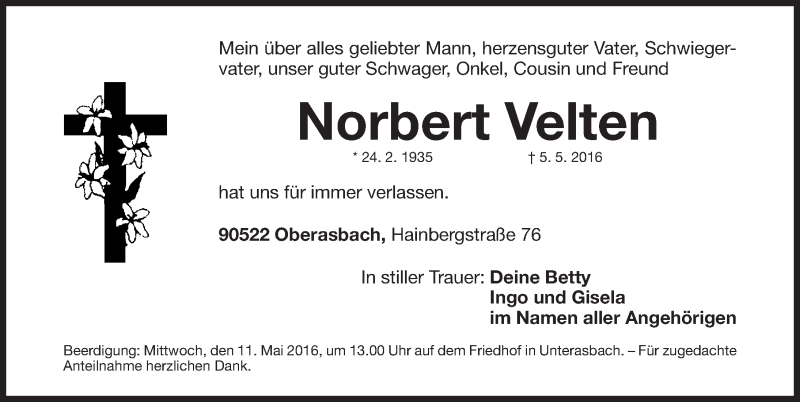  Traueranzeige für Norbert Velten vom 07.05.2016 aus Fürther Nachrichten Lokal