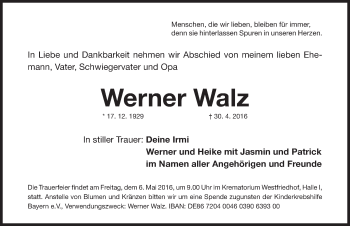 Traueranzeige von Werner Walz von Gesamtausgabe Nürnberger Nachrichten/ Nürnberger Ztg.