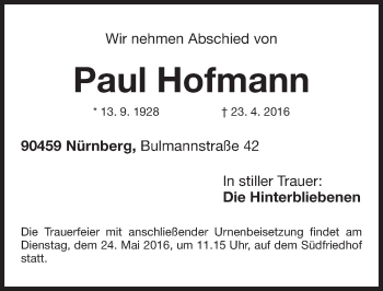 Traueranzeige von Paul Hofmann von Gesamtausgabe Nürnberger Nachrichten/ Nürnberger Ztg.