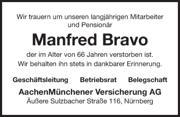 Traueranzeige von Manfred Bravo von Gesamtausgabe Nürnberger Nachrichten/ Nürnberger Ztg.