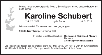 Traueranzeige von Karoline Schubert von Gesamtausgabe Nürnberger Nachrichten/ Nürnberger Ztg.