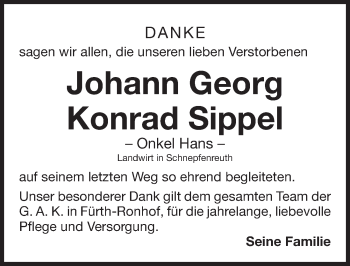 Traueranzeige von Johann Georg Konrad Sippel von Gesamtausgabe Nürnberger Nachrichten/ Nürnberger Ztg.