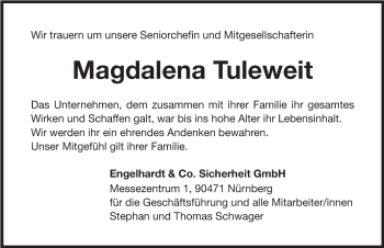 Traueranzeige von Magdalena Tuleweit von Gesamtausgabe Nürnberger Nachrichten/ Nürnberger Ztg.