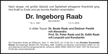 Traueranzeige von Ingeborg Raab von Gesamtausgabe Nürnberger Nachrichten/ Nürnberger Ztg.