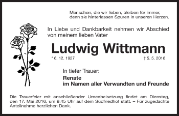 Traueranzeige von Ludwig Wittmann von Gesamtausgabe Nürnberger Nachrichten/ Nürnberger Ztg.