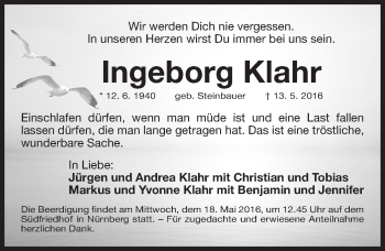 Traueranzeige von Ingeborg Klahr von Gesamtausgabe Nürnberger Nachrichten/ Nürnberger Ztg.