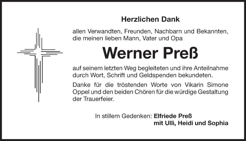  Traueranzeige für Werner Preß vom 14.05.2016 aus Nordbayerische Nachrichten Pegnitz Lokal